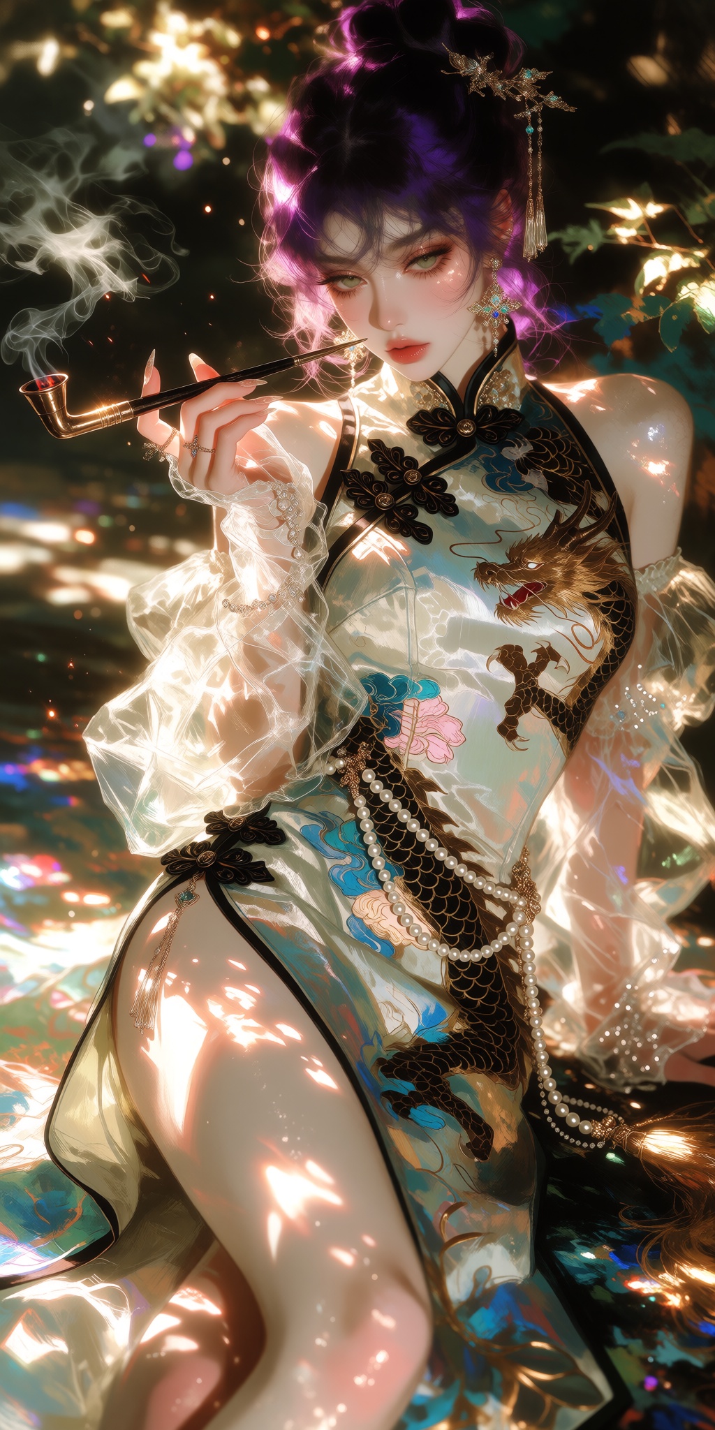 dramatic painterly brushwork,  delicate elegance,  cinematic fantasy atmosphere. Dappled light bright colors 1girl on Tens...