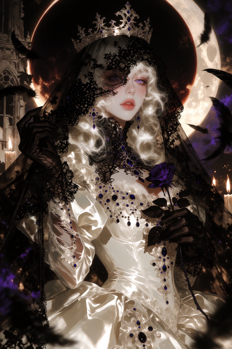 A breathtaking high-detail digital painting of an enigmatic ***** woman captured in a waist-up portrait from a slightly lo...