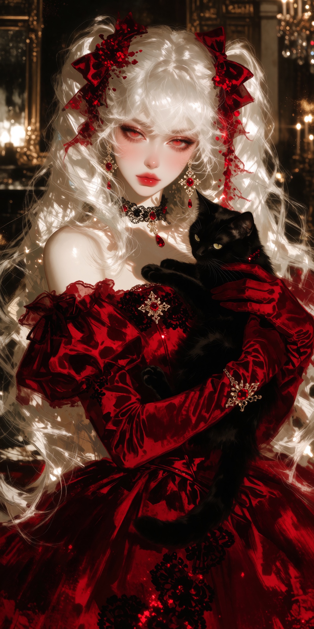 dramatic painterly brushwork,  delicate elegance,  cinematic fantasy atmosphere. A portrait of a woman with red eyes and l...