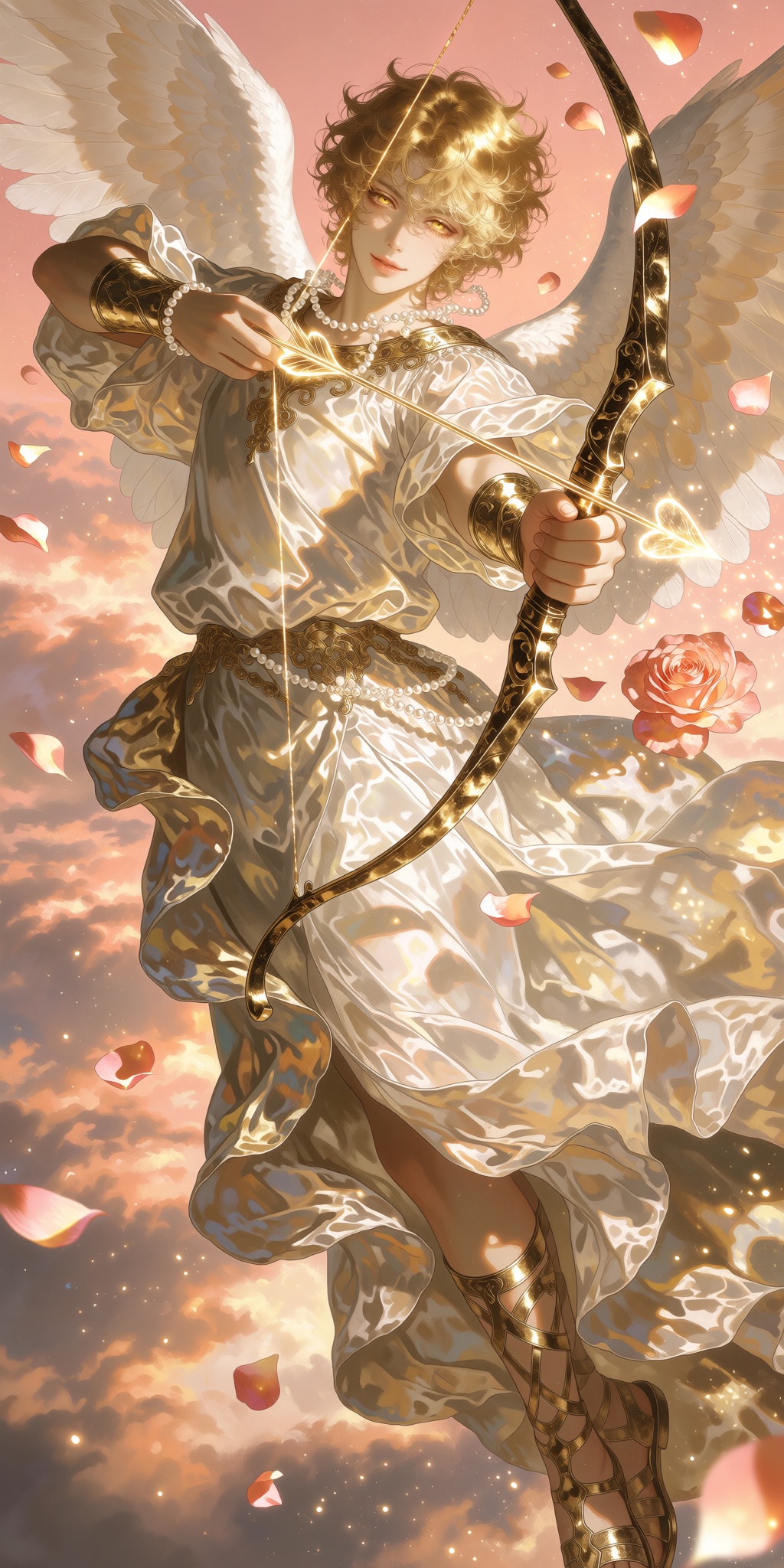 A surreal full-body semi-realistic illustration of a handsome ***** Eros floating gracefully against a soft peach-pink sky...