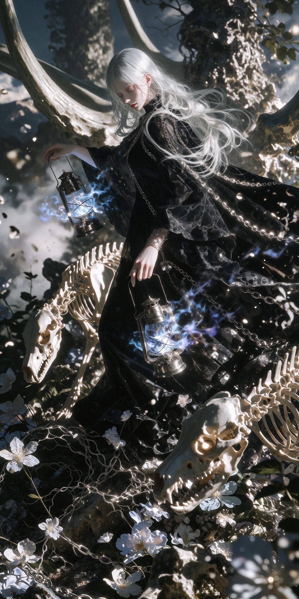 @m1avintage ,  A woman with long silver hair walking through an ancient forest filled with enormous bones,  wearing a flow...