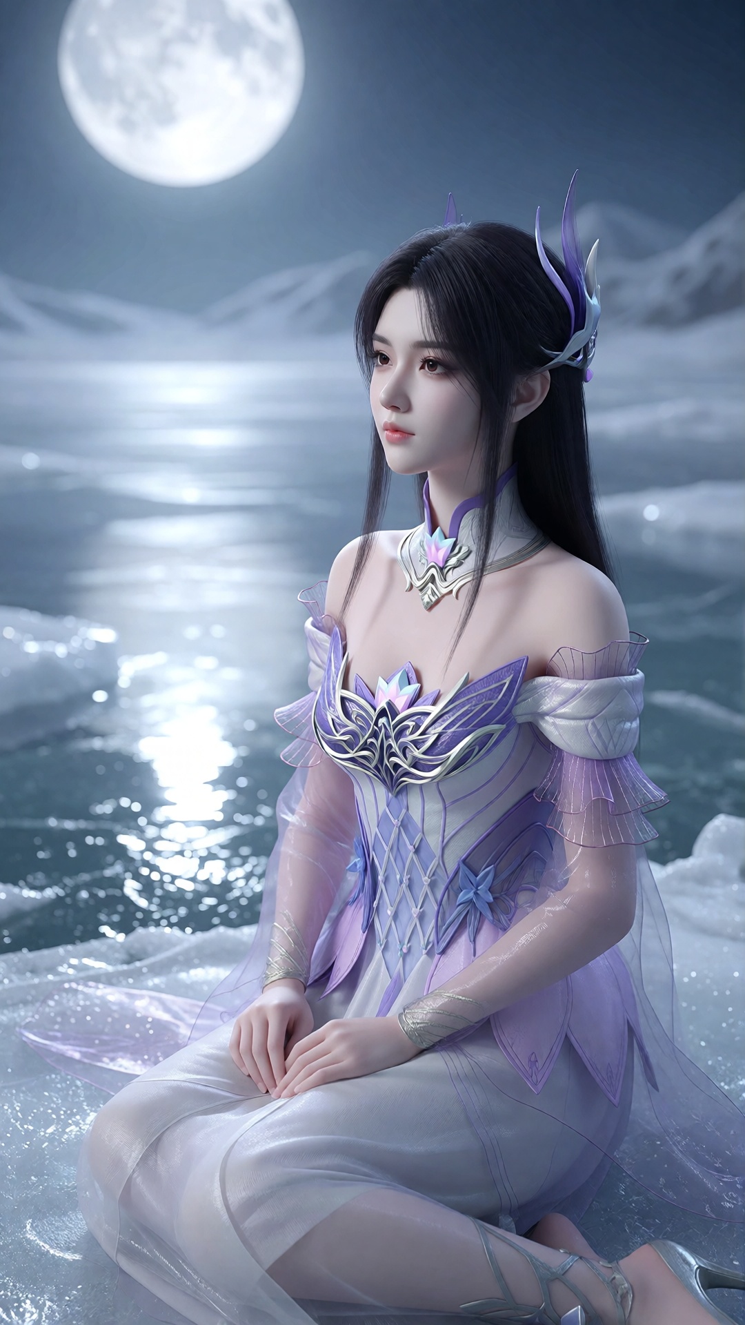 中景画面,  一位女子XYX clothes坐在满月下的冰湖上,  苍白银蓝色月光从冰雪上反射 by 月恋-❀ on Tensor.Art
