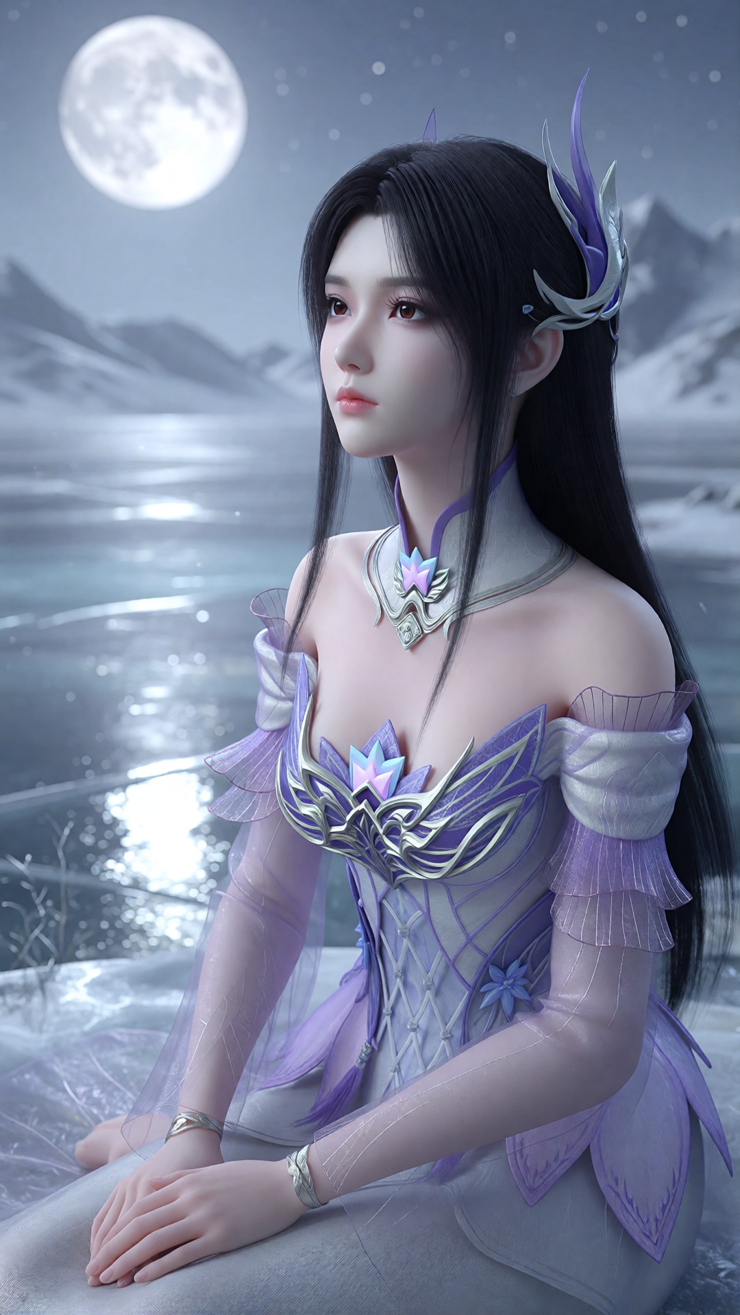 中景画面,  一位女子XYX clothes坐在满月下的冰湖上,  苍白银蓝色月光从冰雪上反射 by 月恋-❀ on Tensor.Art