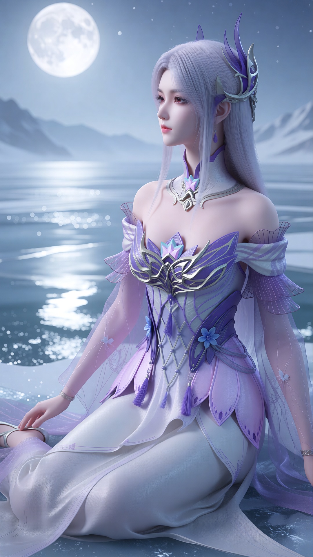 中景画面,  一位女子XYX clothes坐在满月下的冰湖上,  苍白银蓝色月光从冰雪上反射 on Tensor.Art