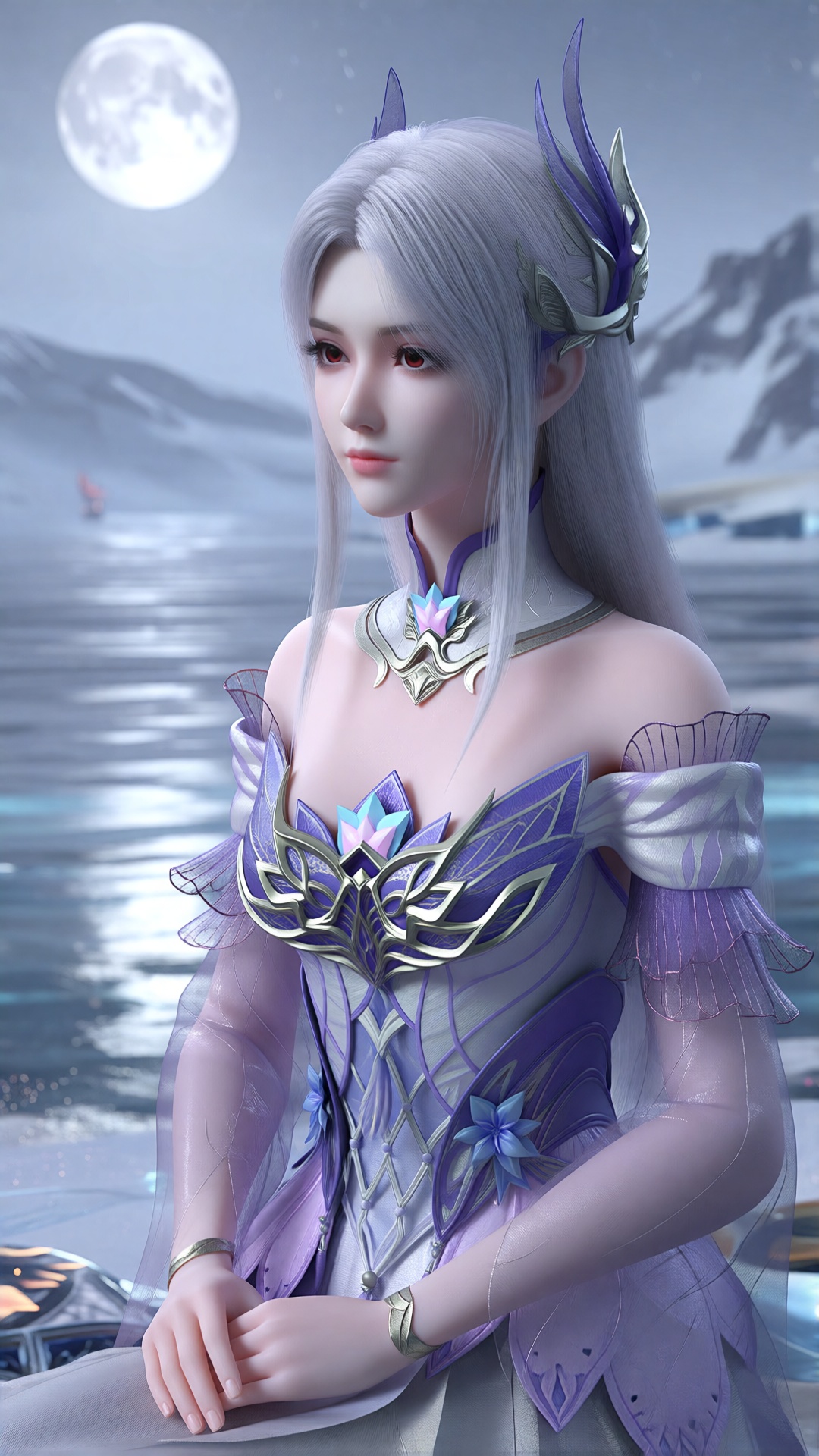中景画面,  一位女子XYX clothes坐在满月下的冰湖上,  苍白银蓝色月光从冰雪上反射 on Tensor.Art