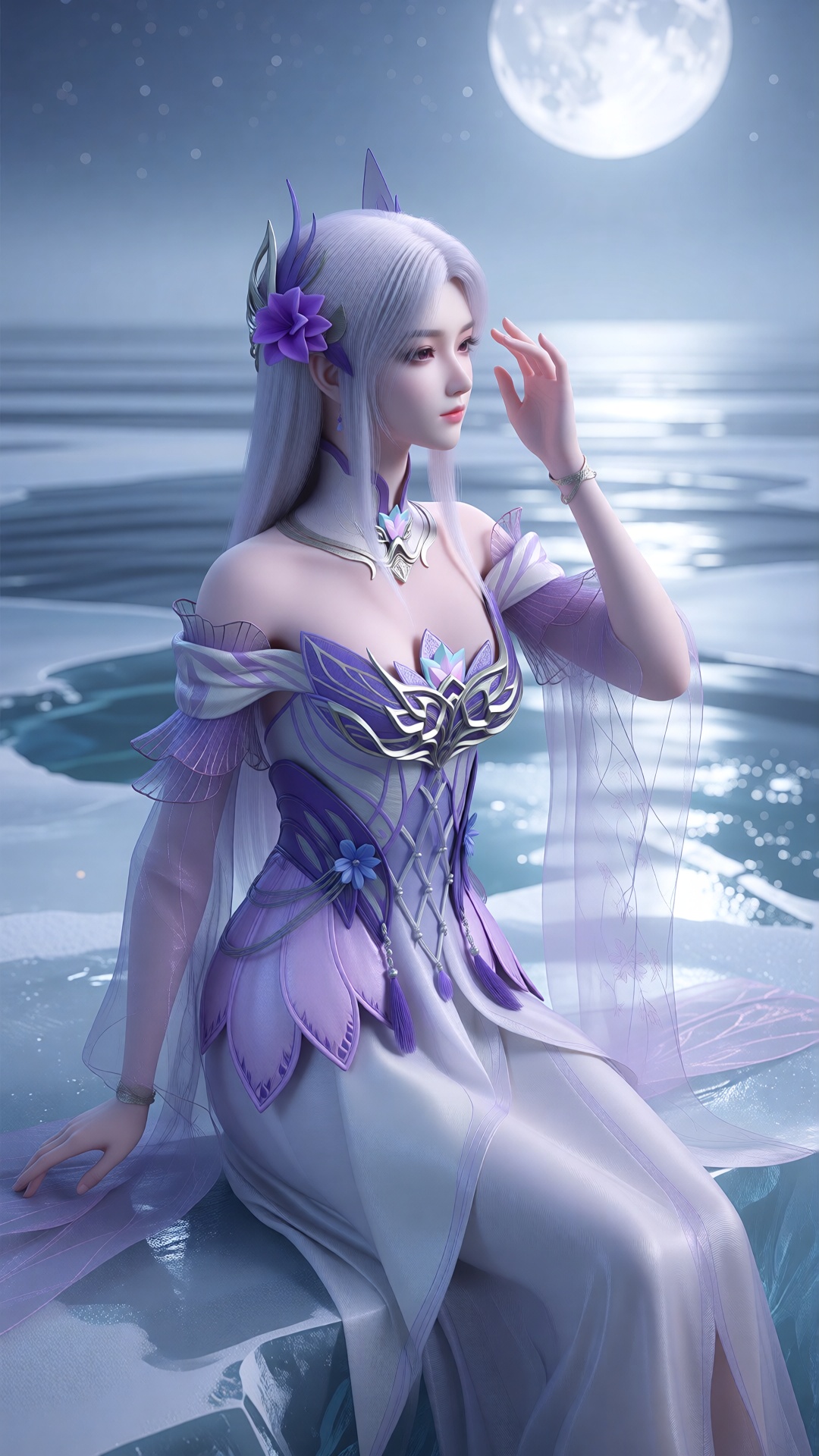 中景画面,  一位女子XYX clothes坐在满月下的冰湖上,  苍白银蓝色月光从冰雪上反射 by 月恋-❀ on Tensor.Art