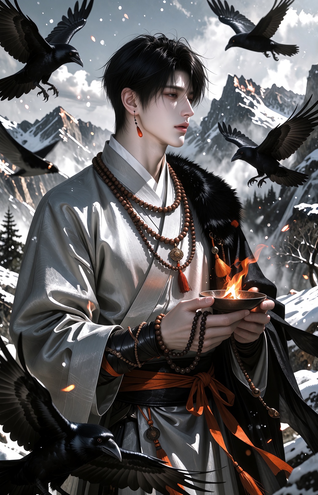 Atmospheric fantasy illustration,  an outdoor snowy mountain setting with jagged peaks and mist in the background,  dark r...