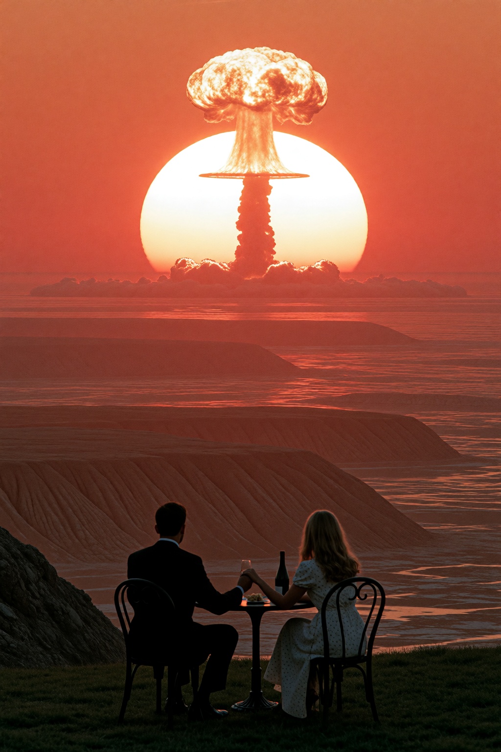 DCVSTEXP. Cinematic extreme wide shot capturing a colossal mushroom cloud erupting against the glowing horizon,  the sun p...