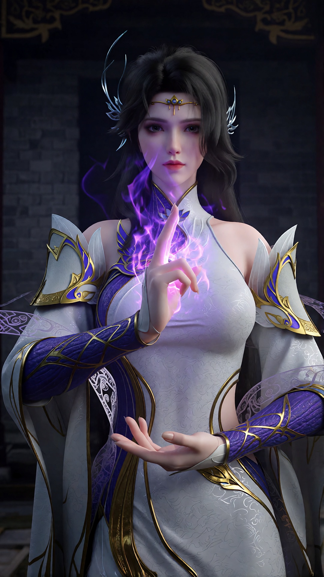 中景画面,  一位女子XY clothes在古刹内单手结法印,  紫色法术光芒从她指尖涌出。紫色光芒从下方照亮她的脸庞。背景暗色古刹石壁 on Tensor.Art