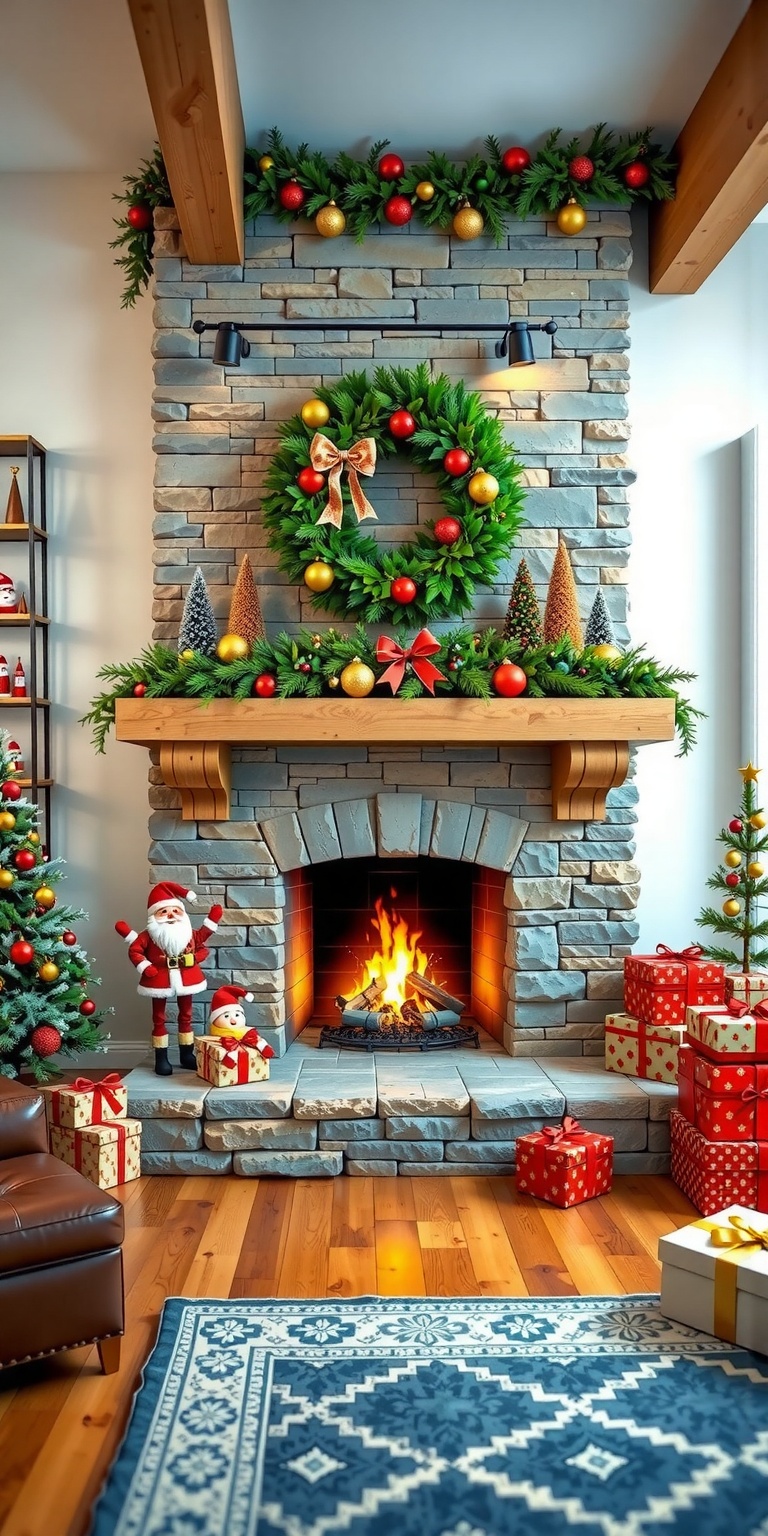 Photograph of a cozy,  festive living room featuring a large,  stone fireplace as the central focal point. The fireplace i...