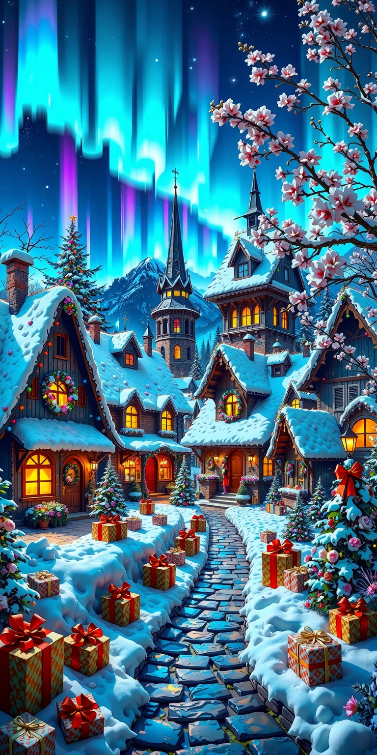 This realistic depicts a magical,  snow-covered village at night,  illuminated by vibrant aurora borealis in the blue and...