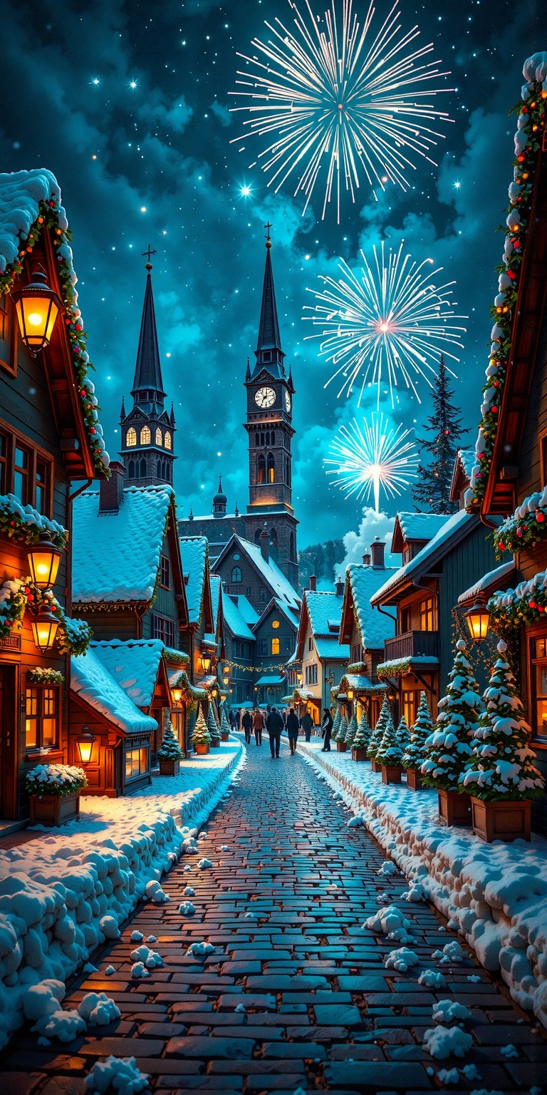 This photograph captures a magical,  festive nighttime scene of a snow-covered,  cobblestone street in a quaint on Tensor.Art