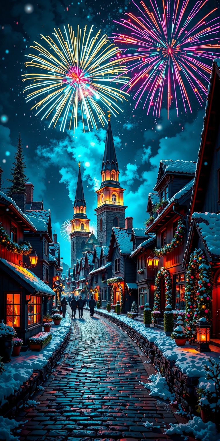 This photograph captures a magical,  festive nighttime scene of a snow-covered,  cobblestone street in a quaint on Tensor.Art