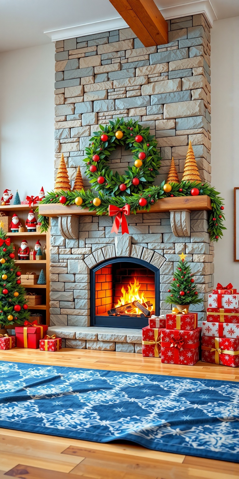 Photograph of a cozy,  festive living room featuring a large,  stone fireplace as the central focal point. The fireplace i...