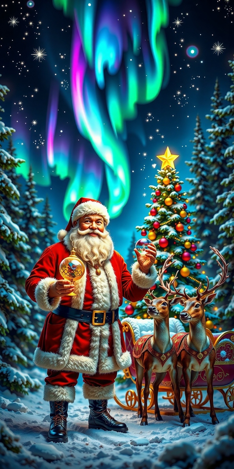 This is a realistic created,  highly detailed photograph-style image depicting a festive Christmas scene. At the center st...