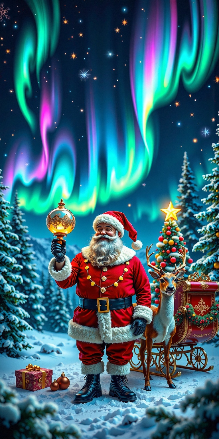 This is a realistic created,  highly detailed photograph-style image depicting a festive Christmas scene. At the center st...