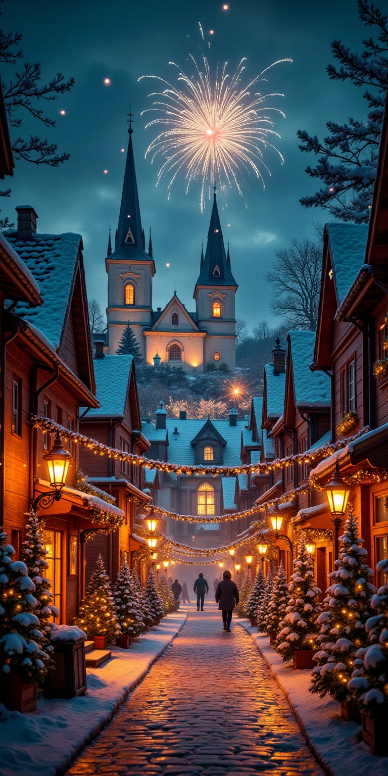 This photograph captures a magical,  festive nighttime scene of a snow-covered,  cobblestone street in a quaint on Tensor.Art