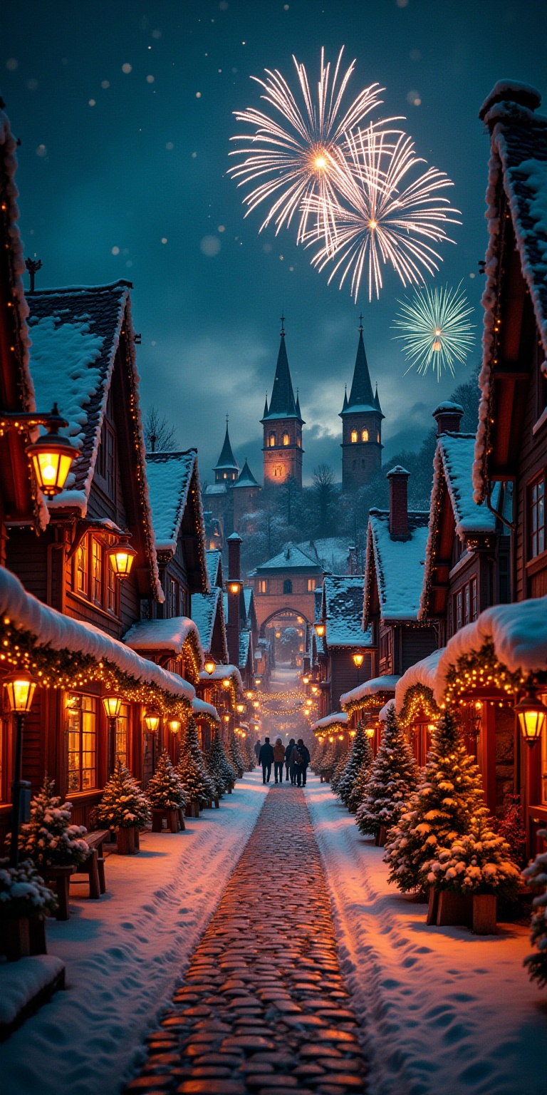 This photograph captures a magical,  festive nighttime scene of a snow-covered,  cobblestone street in a quaint on Tensor.Art