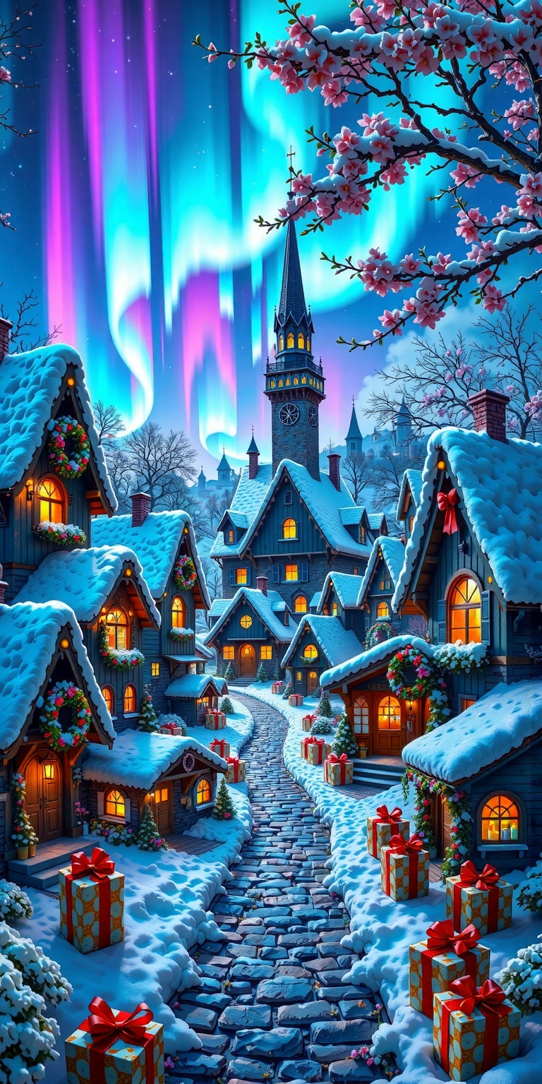 This realistic depicts a magical,  snow-covered village at night,  illuminated by vibrant aurora borealis in the blue and...