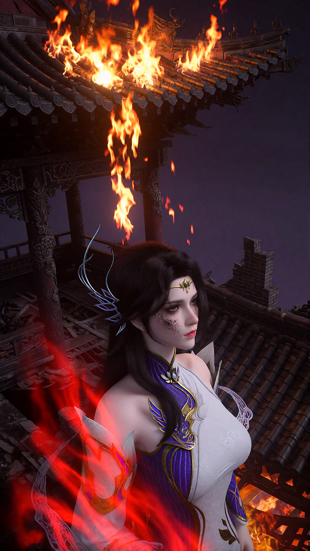 中景仰角,  女子XY clothes立于焚毁的城楼废墟,  燃烧的琉璃瓦如赤金火雨坠落。灼热红光从下方照亮她冷冽的面容 on Tensor.Art