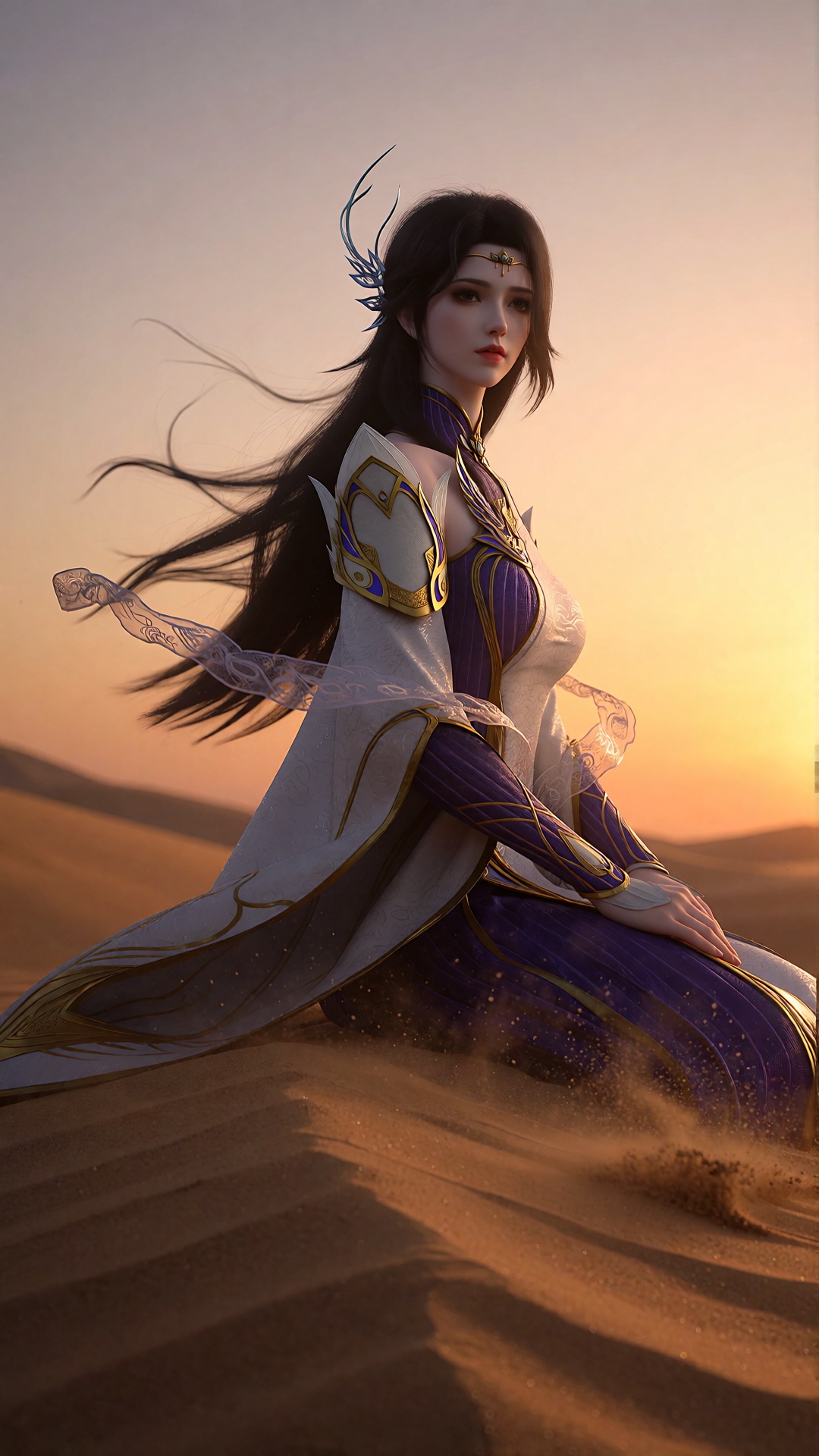 中景画面,  一位XY clothes女子坐在沙漠沙丘上,  衣袍被风吹起。夕阳最后的赤金色光芒穿透沙尘 by 月恋-❀ on Tensor.Art