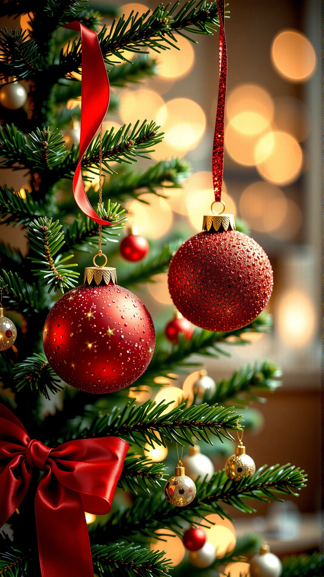 Photograph of a decorated Christmas tree featuring three red glitter ornaments: two round baubles and a star-shaped orname...
