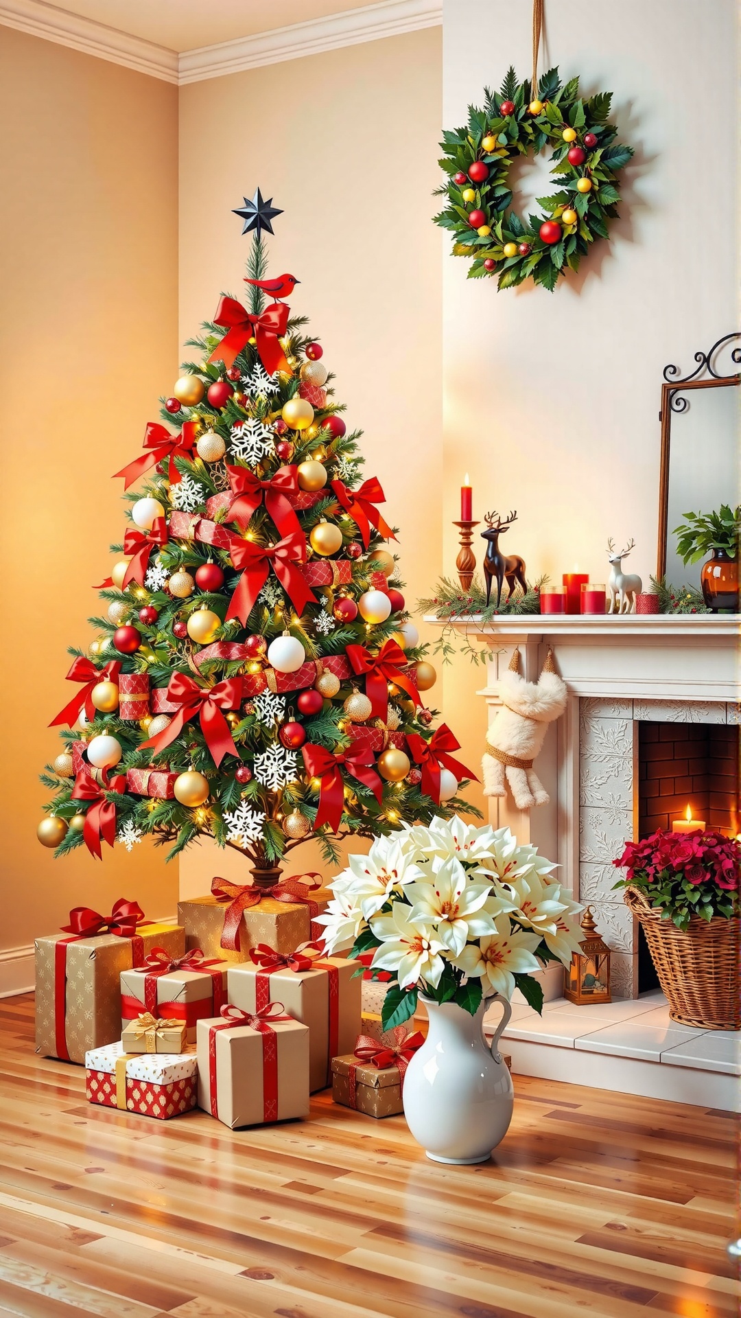 This photograph captures a festive,  warmly-lit Christmas living room. The central focus is a decorated Christmas tree ado...