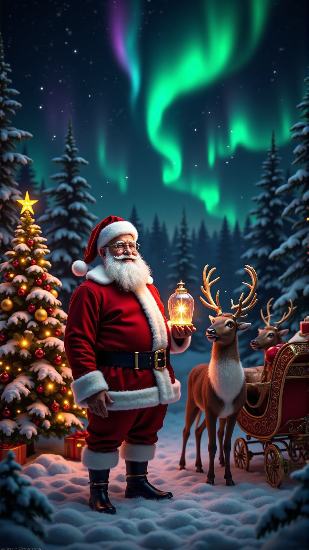 This is a realistic created,  highly detailed photograph-style image depicting a festive Christmas scene. At the center st...