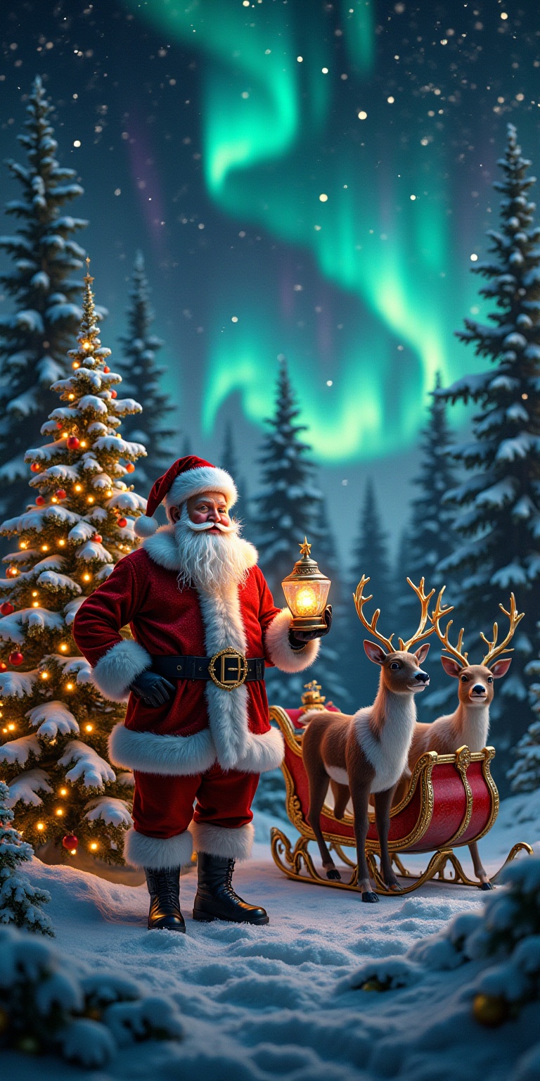 This is a realistic created,  highly detailed photograph-style image depicting a festive Christmas scene. At the center st...