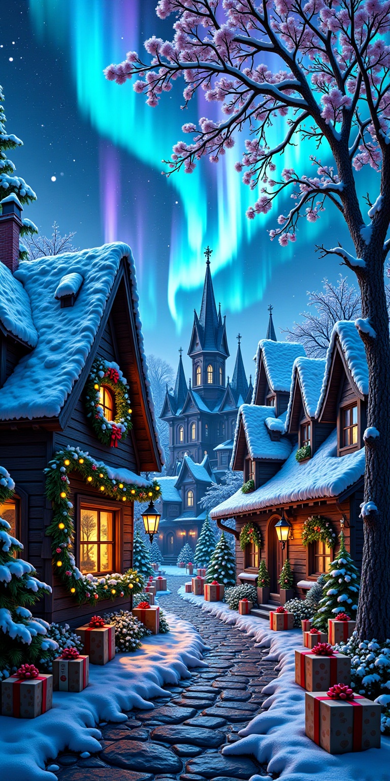 This realistic depicts a magical,  snow-covered village at night,  illuminated by vibrant aurora borealis in the blue and...