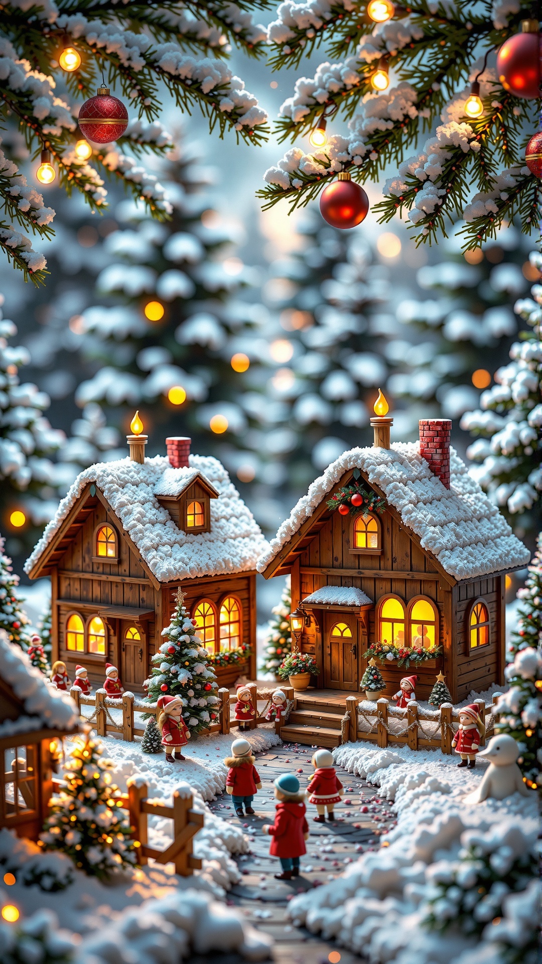 This photograph captures a charming,  miniature winter village scene set outdoors at night. Two small,  wooden houses with...