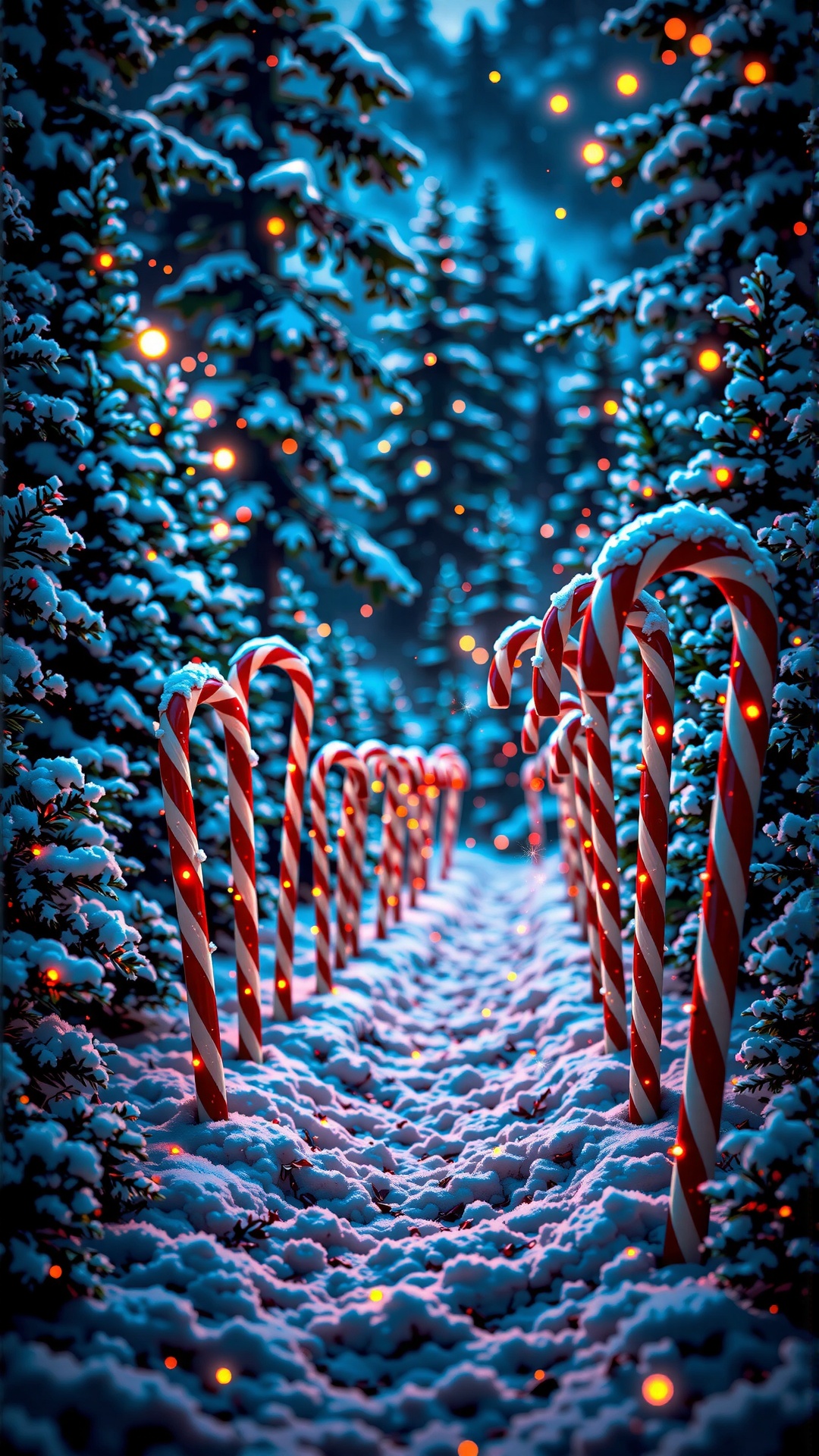 This is a highly detailed,  realistic photograph of a snow-covered forest pathway adorned with glowing,  red and white str...