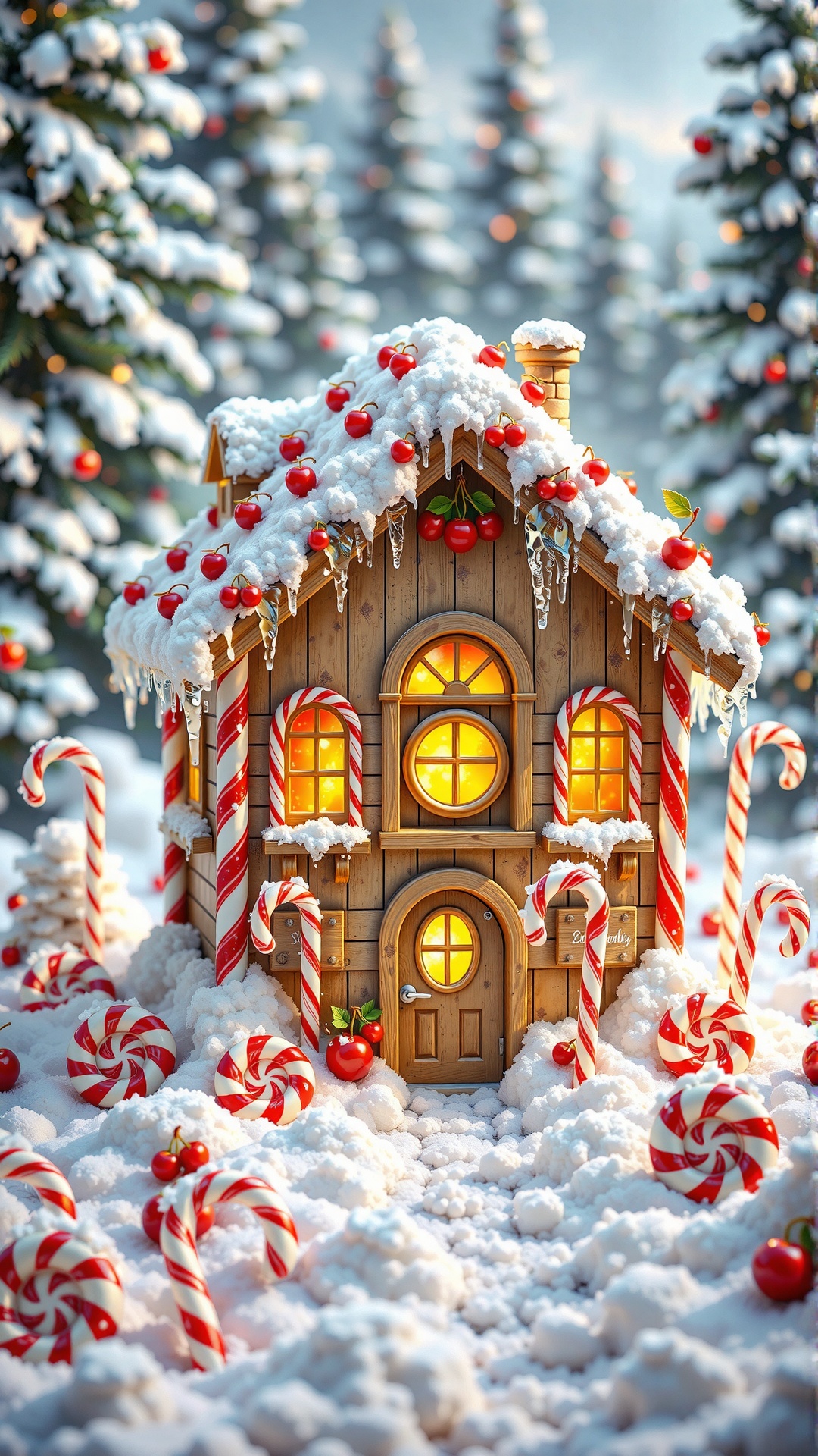 This is a highly detailed,  photograph-style realistic depicting a miniature,  snow-covered candy house in a winter forest...