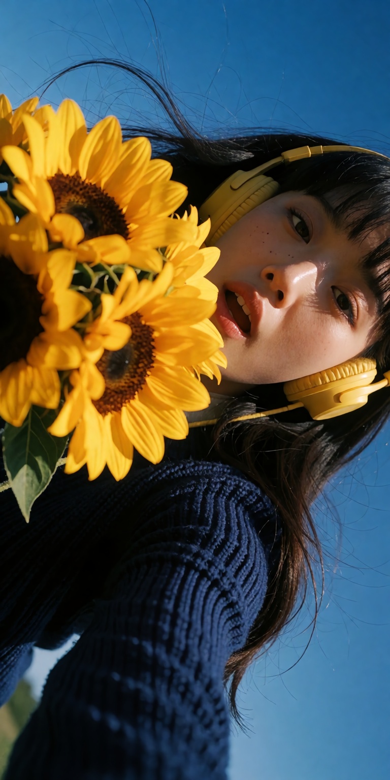 A vintage 90s framed analog photo taken from a steep high Dutch-angle tilt,  looking down diagonally at a young woman in a...