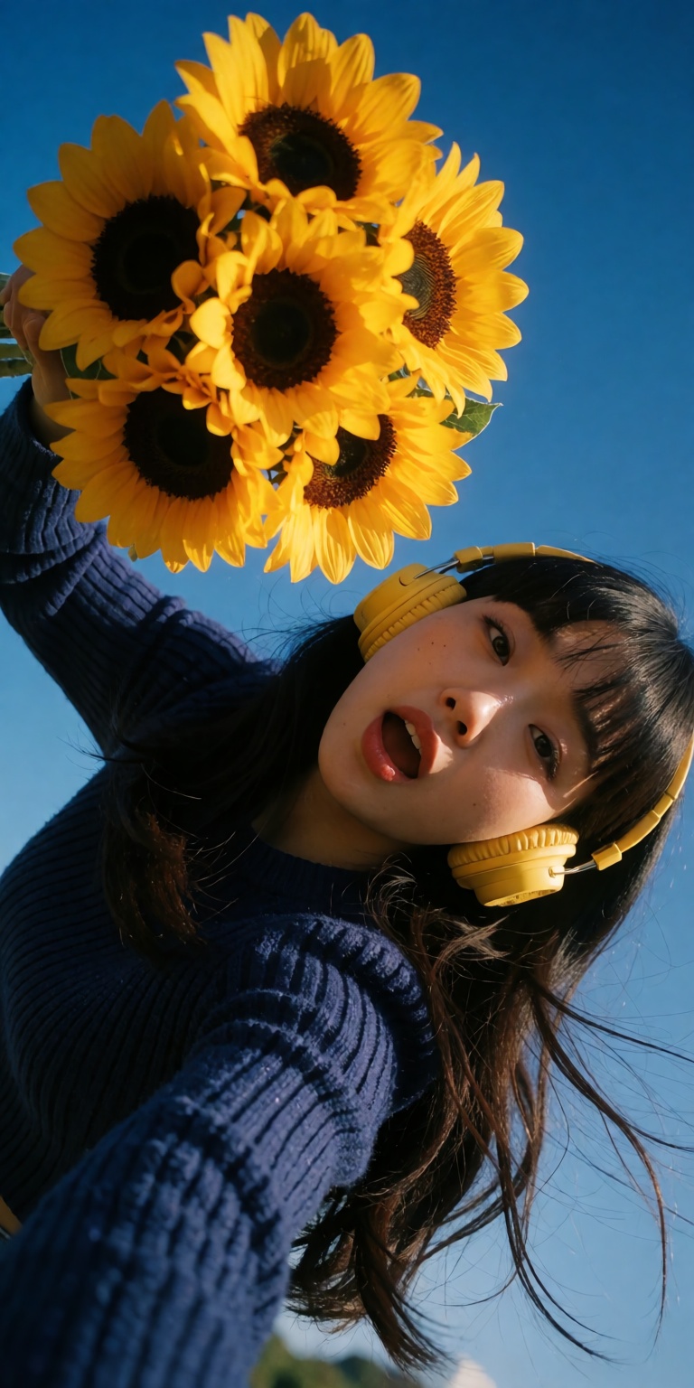 A vintage 90s framed analog photo taken from a steep high Dutch-angle tilt,  looking down diagonally at a young woman in a...