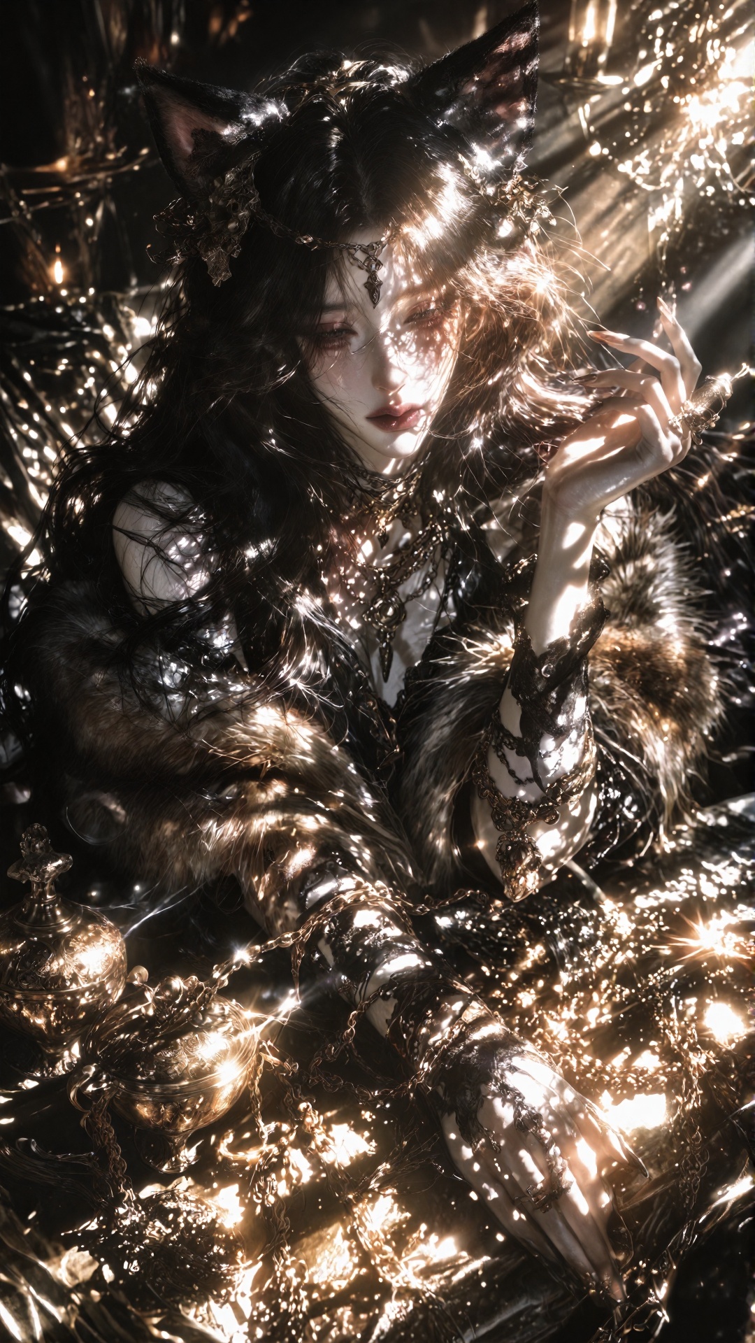 Prompt: Ultra-detailed cinematic dark fantasy portrait,  vertical 2:3 composition,  photorealistic elegant young woman wit...