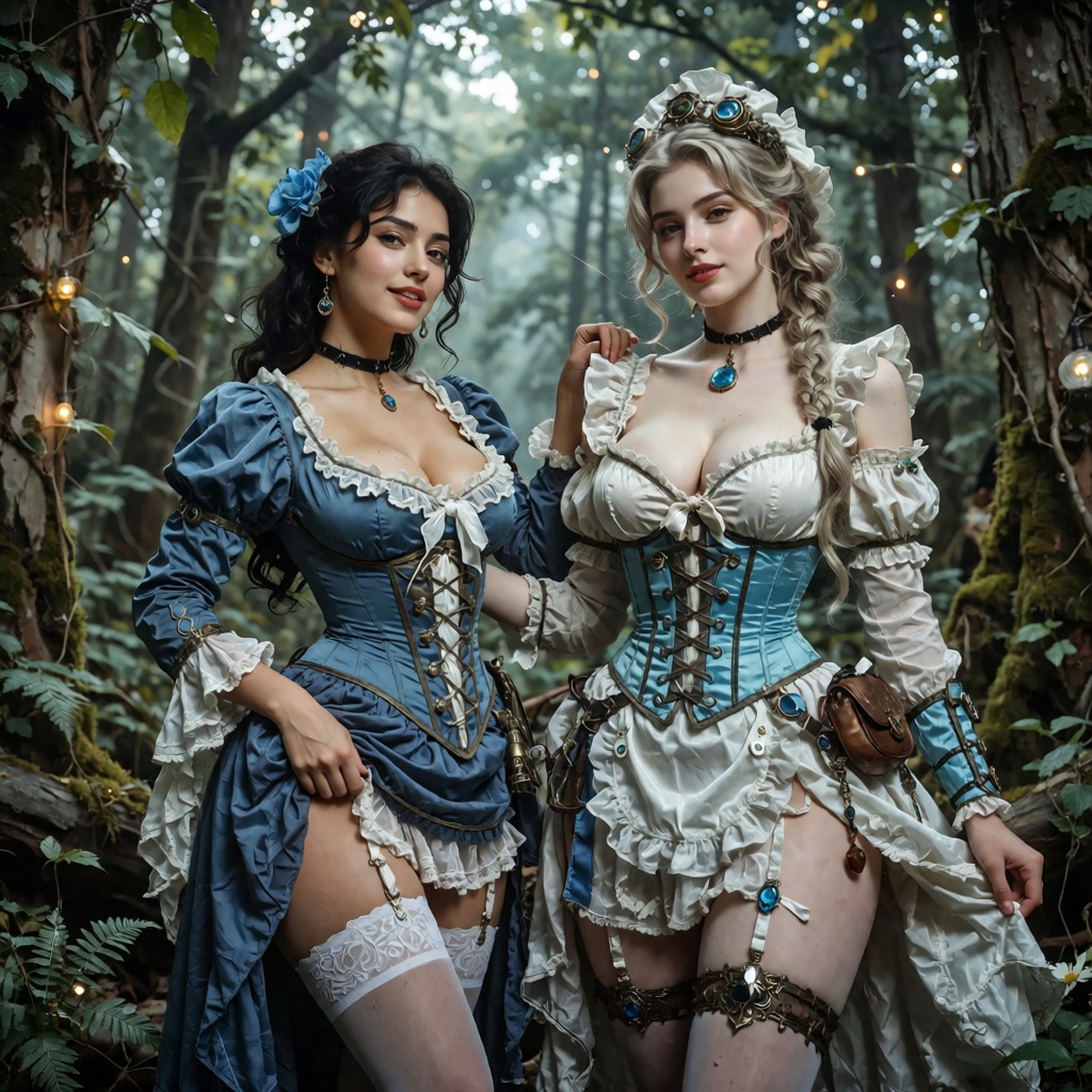 arafed woman in a blue dress and white stockings posing in a forest,  a sexy maid in a magical forest,  blue corset on Ten...