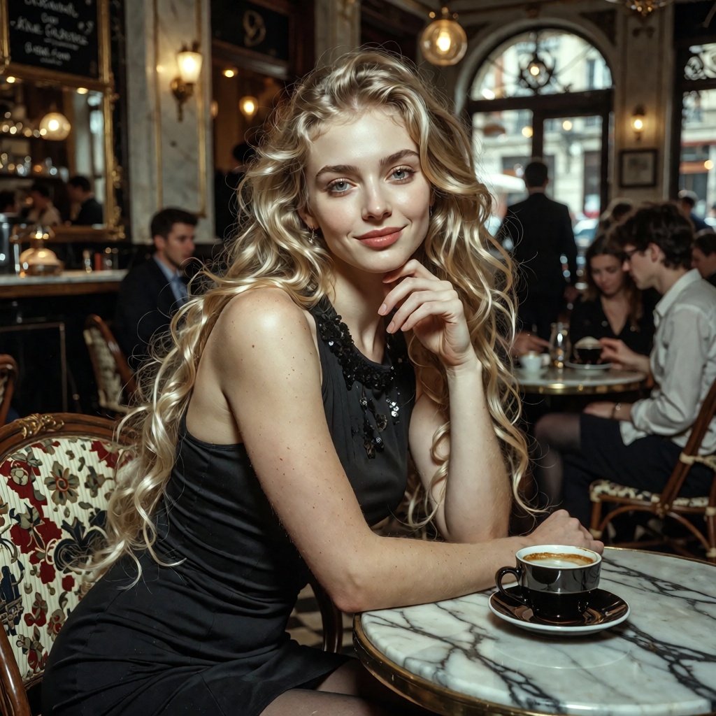 A stunningly beautiful young Western woman,  her long,  flowing golden hair cascading down her back on Tensor.Art