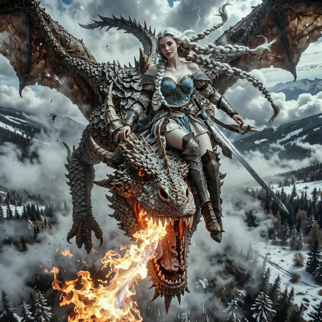 Dragon Rider — Head-Mounted Composition photorealistic cinematic fantasy scene,  a massive ancient dragon flying in a stee...