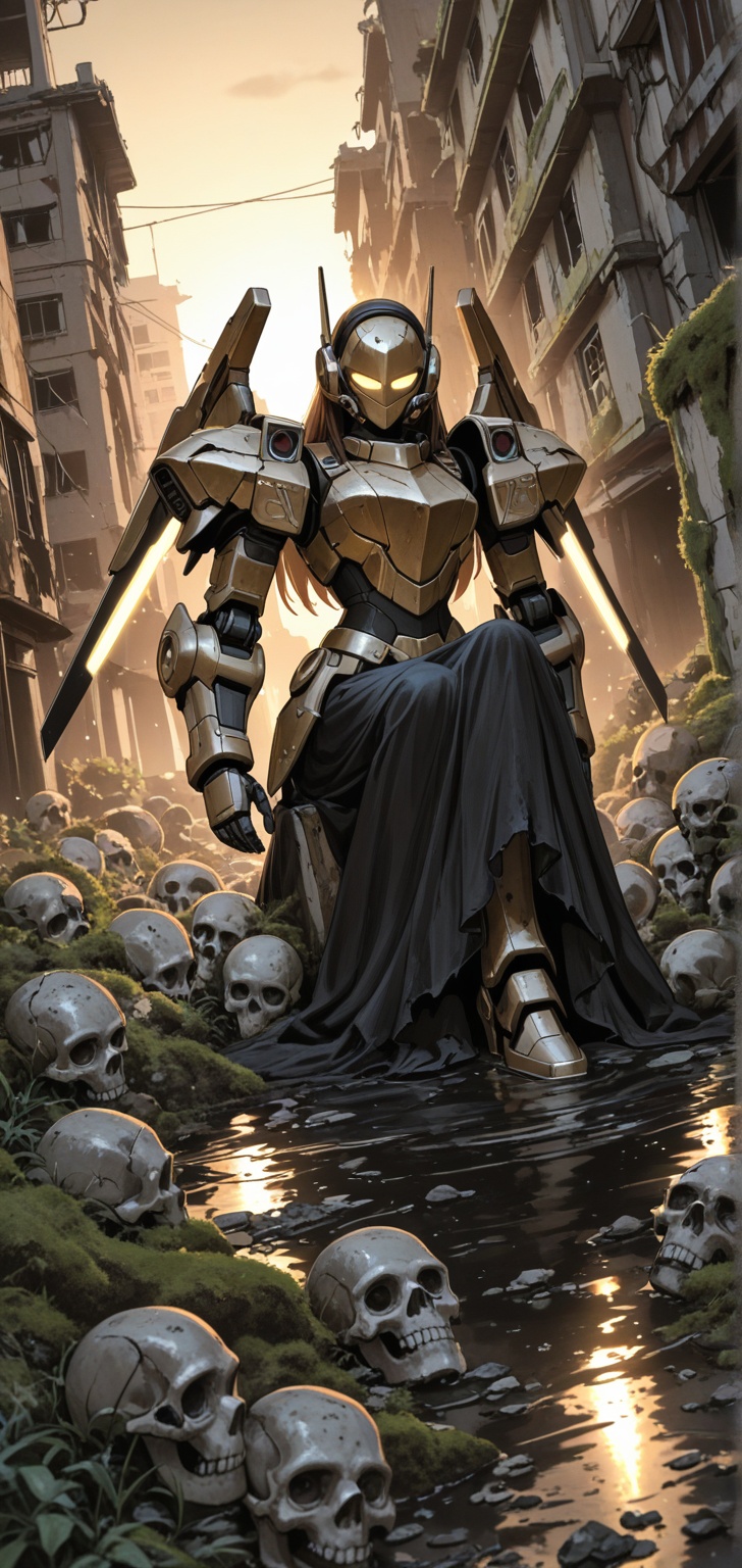 A towering,  fallen angel-themed mecha maiden sits on a desolate road,  leaning heavily on her massive on Tensor.Art
