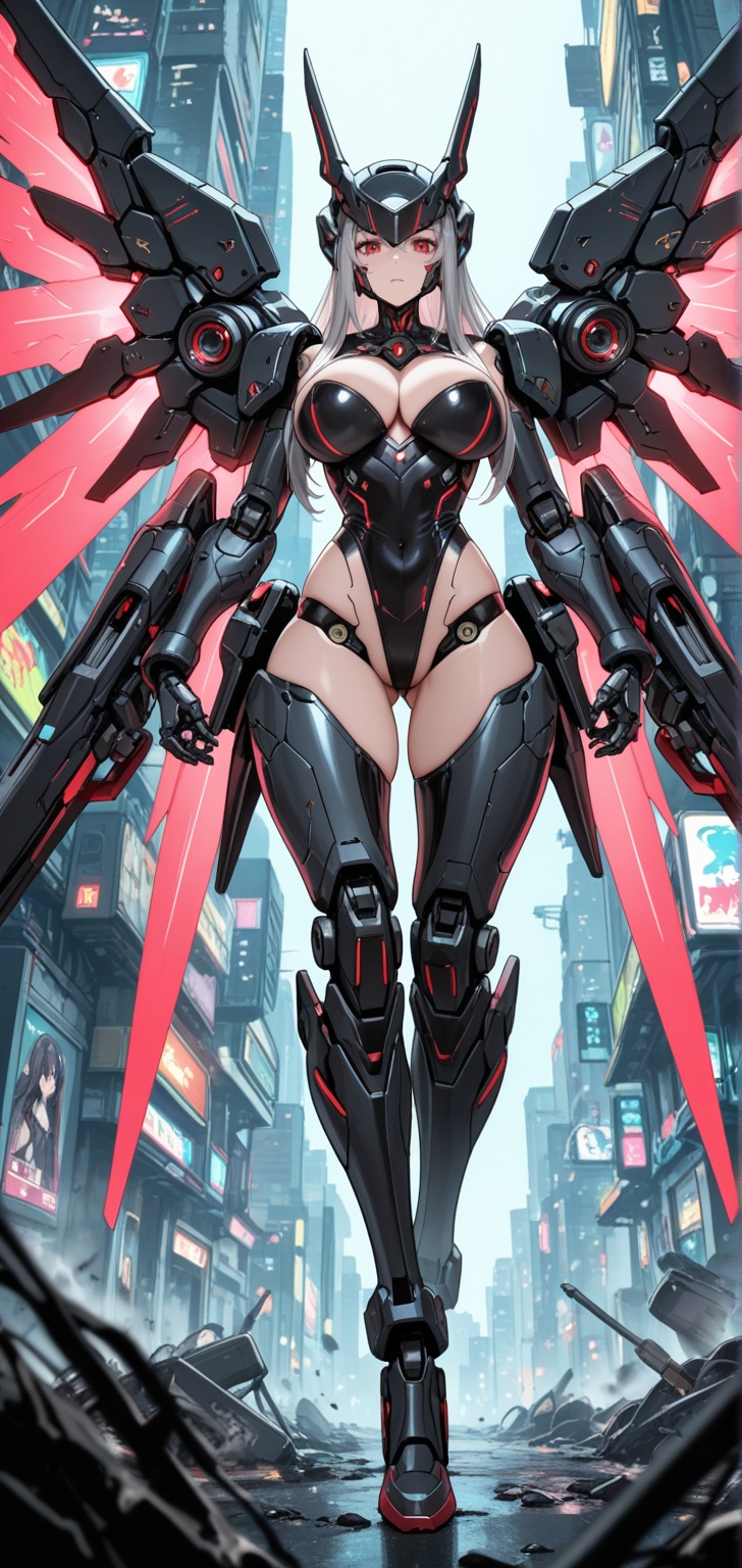 A long wide shot captures a woman who is a cyborg with big breasts and striking red eyes,  looking directly at the viewer...