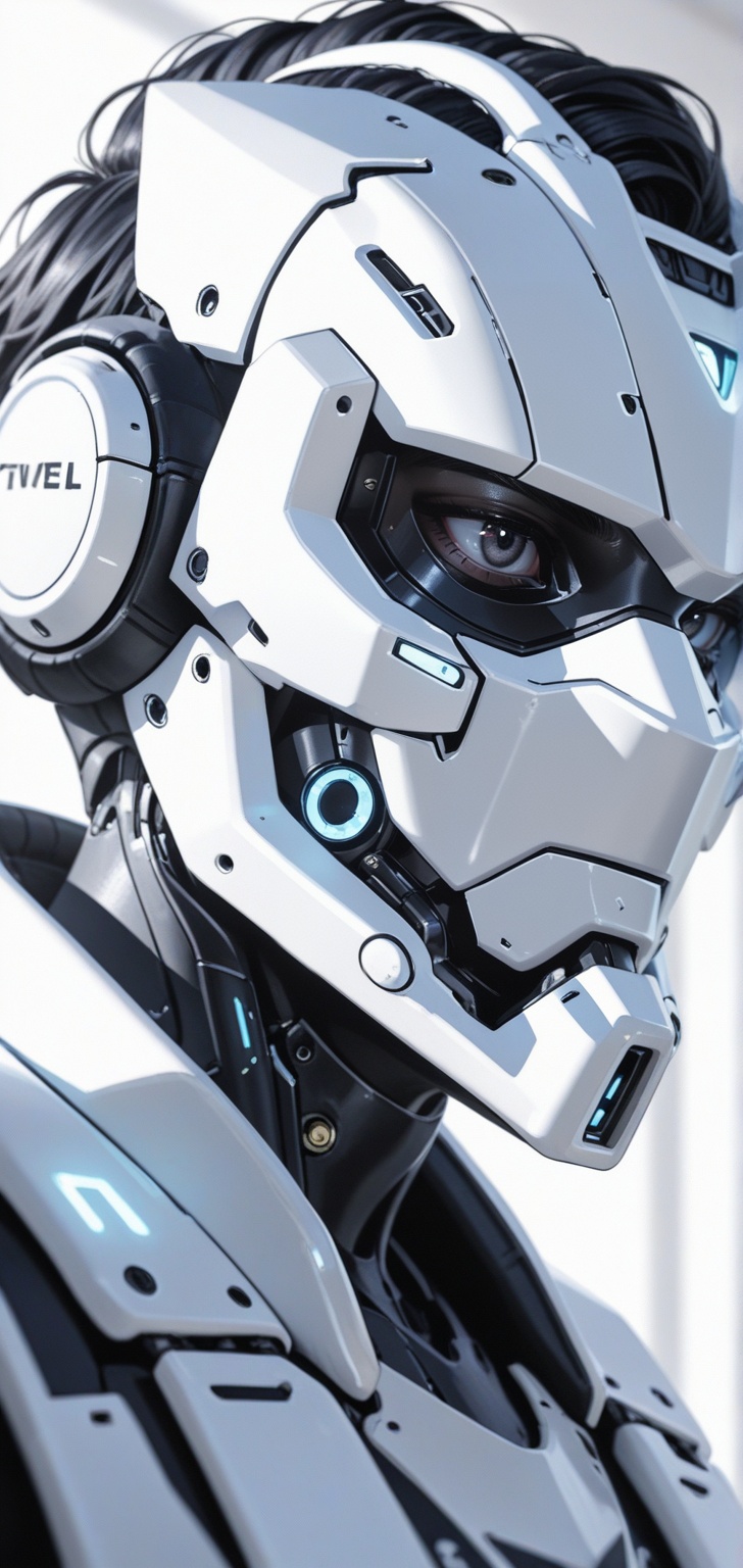 Photorealistic upper body close-up of a handsome Japanese man with styled hair clearly visible,  wearing a mechanical face...