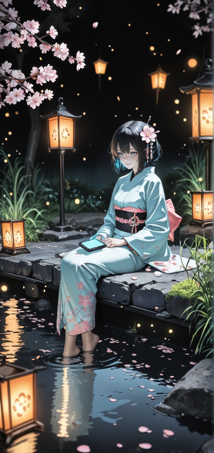 Cinematic dark-fantasy cyberpunk night scene,  intimate and hauntingly beautiful. A mysterious cybernetic woman is resting...