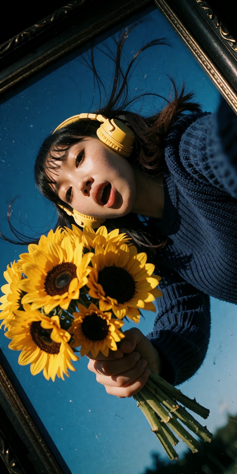 A vintage 90s framed analog photo taken from a steep high Dutch-angle tilt,  looking down diagonally at a young woman in a...