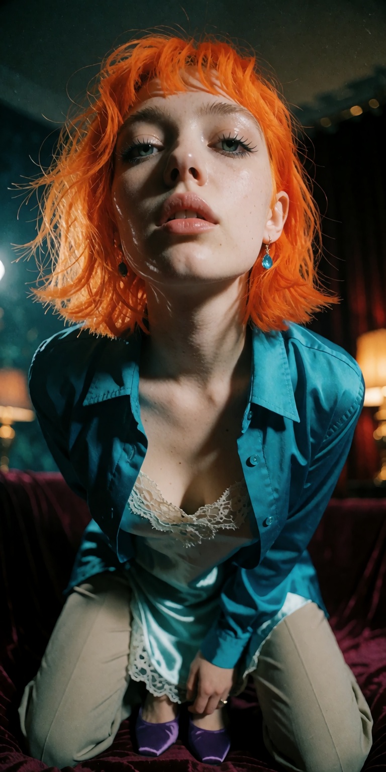 A vintage 90s framed 35mm film photograph shot from an extreme low ground-angle perspective looking up at a striking young...