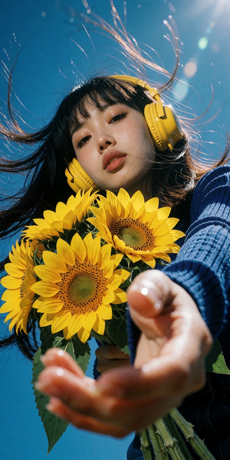 A vintage 90s framed 35mm film photograph shot from an extreme low ground-angle perspective,  looking up toward a beautifu...