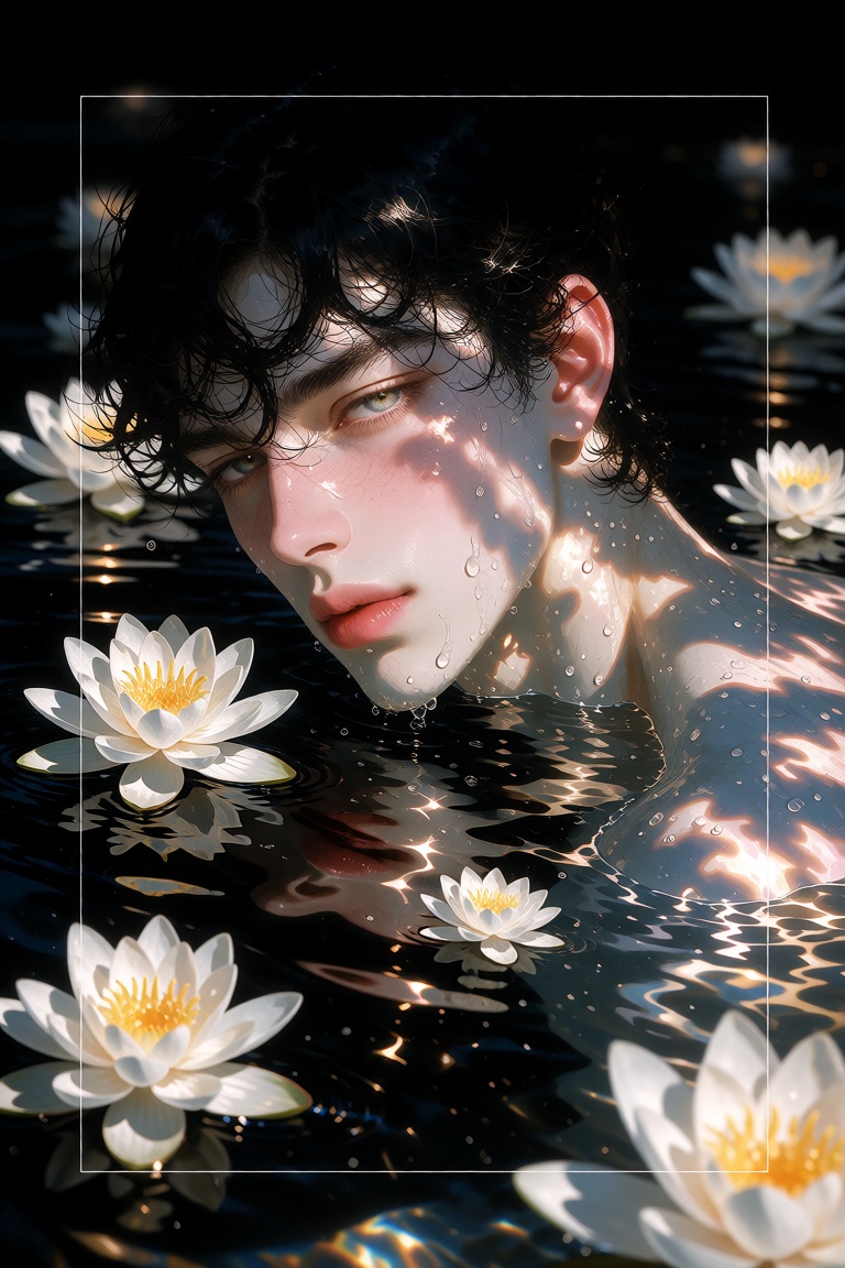 Ethereal surreal portrait of a handsome young man slowly emerging from perfectly still black water,  only his head,  neck...