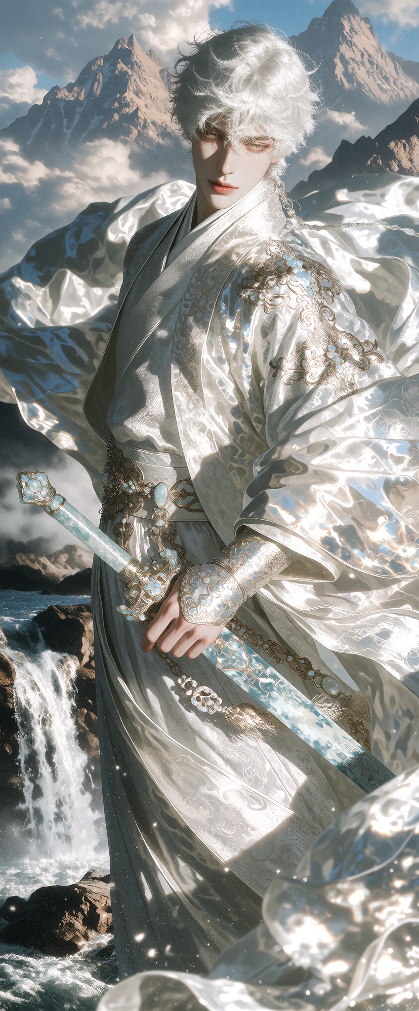 ***** male ancient Chinese character,  exceptionally handsome,  short snow-white hair swept back by the wind on Tensor.Art