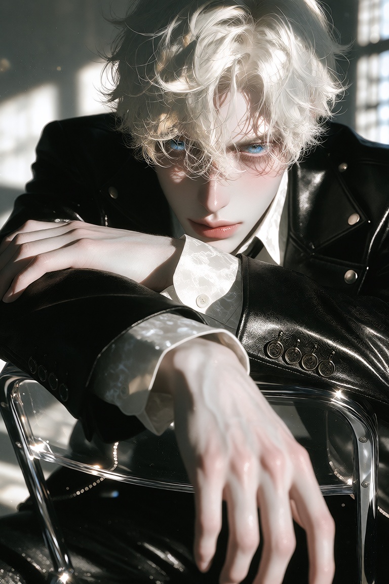 ***** male,  striking and effortlessly cool,  messy platinum-blonde hair on Tensor.Art
