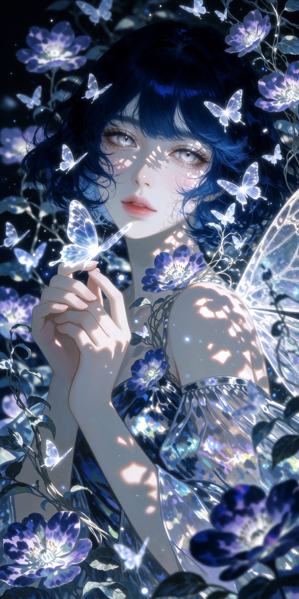 Ethereal fantasy portrait of a mysterious woman with short midnight-blue hair,  luminous silver eyes,  porcelain skin on T...